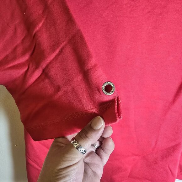 Quacker Factory Red Rhinestone Blouse Grommets Top Sz 1X Red 3/4 Sleeve Cotton - Picture 4 of 6